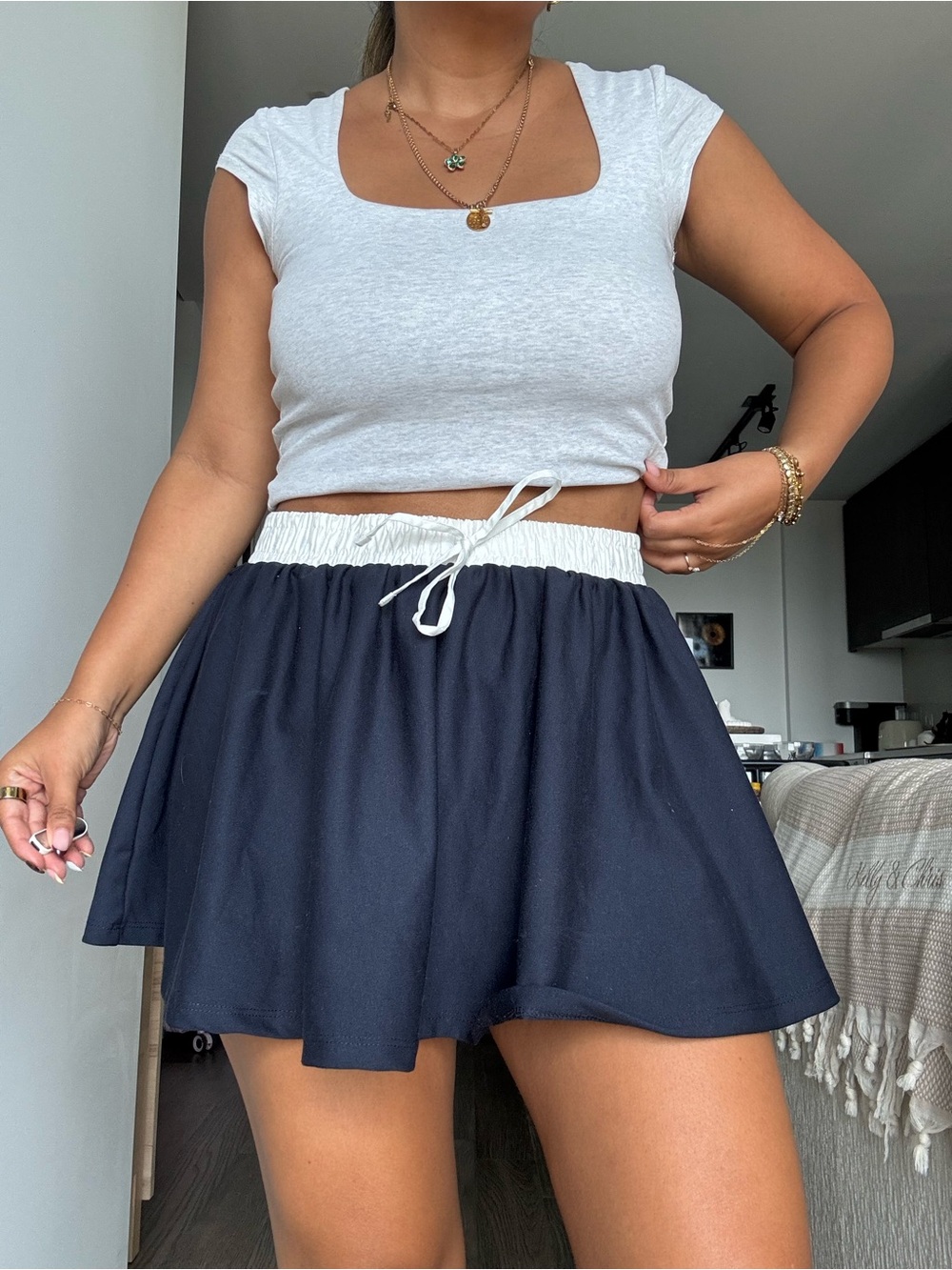 Women's Navy Drawstring Waist Mini Skirt